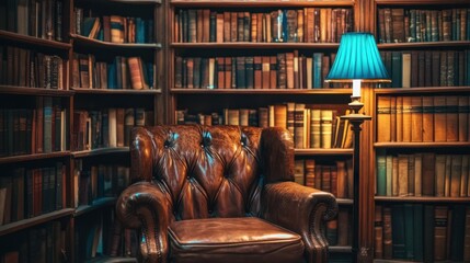 Sticker - A leather chair beside a glowing blue lamp, surrounded by shelves of books in an elegant library setting.