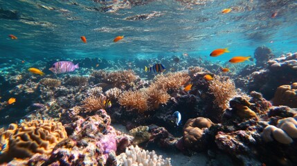 Poster - A lively coral reef scene with colorful fish and marine life swimming in clear, tropical waters.