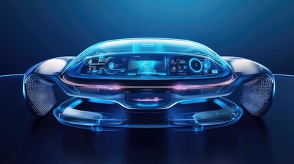 Poster - A futuristic holographic smart car interface projected on a blue background, showcasing the cutting-edge technology of next-generation automotive design.