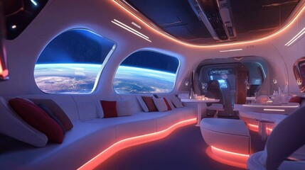 Poster - A futuristic spaceship interior in white, highlighted by glowing blue and red lights, with an expansive view of planet Earth from the large window.