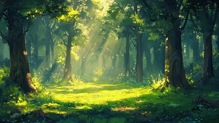 Canvas Print - A lush forest with sun rays breaking through tall trees, casting a warm glow on the vibrant green forest floor