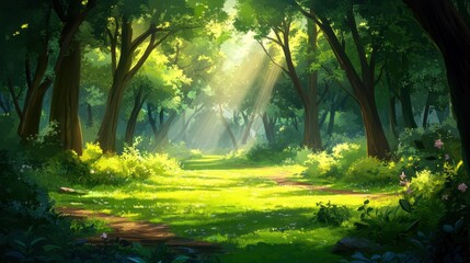 Canvas Print - A lush forest with sun rays breaking through tall trees, casting a warm glow on the vibrant green forest floor