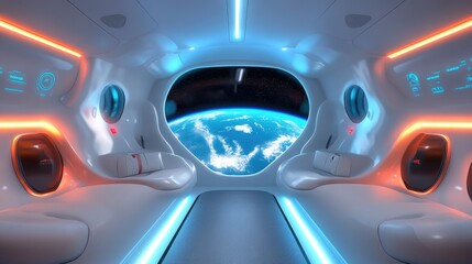 Poster - A futuristic white spaceship interior with glowing blue and red lights, offering a stunning view of planet Earth through a large window in 3D rendering.
