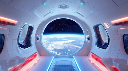 Poster - A futuristic white spaceship interior with glowing blue and red lights, offering a stunning view of planet Earth through a large window in 3D rendering.