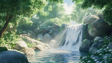 Canvas Print - A lush, green environment with a serene waterfall flowing over rocks, evoking a sense of calm and the beauty of nature.