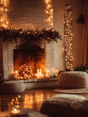 Poster - Cozy winter evening with warm candlelight and festive decorations in a living room setting. Generative AI