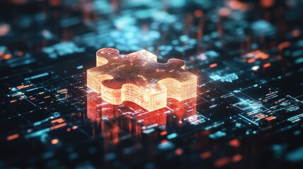 Poster - A glowing digital puzzle piece sits atop a reflective surface, representing connection in a futuristic, data-driven world.