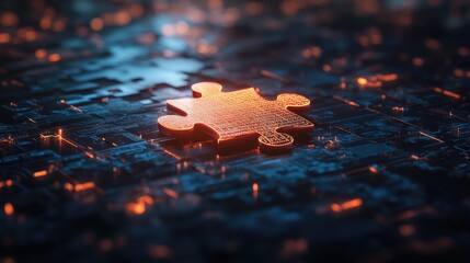 Poster - A glowing digital puzzle piece sits atop a reflective surface, representing connection in a futuristic, data-driven world.