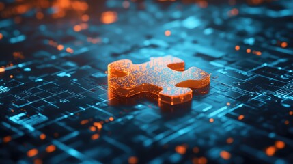Poster - A glowing digital puzzle piece sits atop a reflective surface, representing connection in a futuristic, data-driven world.