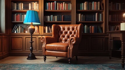 Sticker - A luxurious leather chair next to a glowing blue lamp, set in a warm, elegant library filled with books.