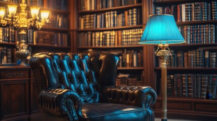 Sticker - A luxurious leather chair next to a glowing blue lamp, set in a warm, elegant library filled with books.