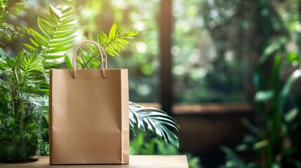 Aufkleber - Eco friendly paper bag placed on a table surrounded by lush green plants in a natural indoor setting ideal for branding. Generative AI