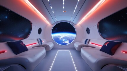 Poster - A modern white spaceship interior illuminated with blue and red lights, offering an incredible 3D view of planet Earth from the large window.