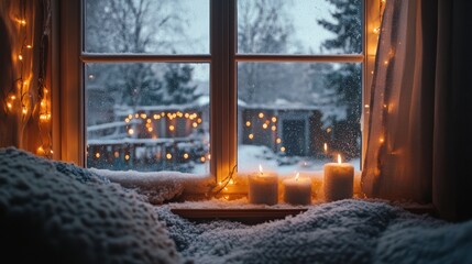Poster - Cozy winter evening with candles and fairy lights seen through snowy window. Generative AI