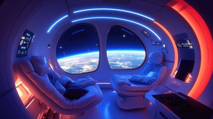 Poster - A modern white spaceship interior illuminated with blue and red lights, offering an incredible 3D view of planet Earth from the large window.