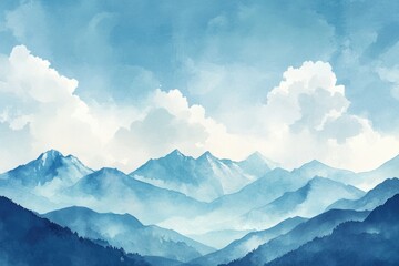 Aufkleber - Mountain landscape featuring soft blue hues and rolling peaks under a sky with fluffy clouds during the day. Generative AI