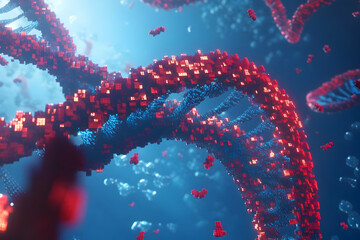 Wall Mural - 3D render of a DNA structure with a blue background, red-colored molecules