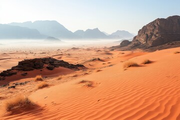 Aufkleber - Breathtaking view of endless sand dunes and mountains during early morning in a desert landscape. Generative AI