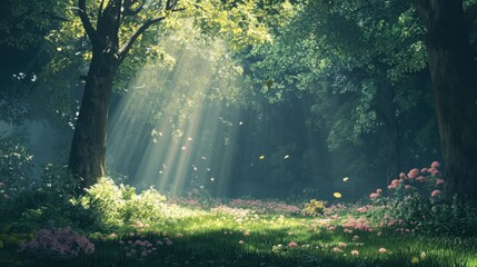 Poster - A peaceful forest scene with sun rays shining through the canopy, illuminating vibrant foliage and nature's beauty