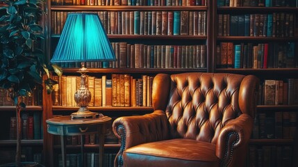 Sticker - A plush leather chair placed beside a glowing blue lamp in a stylish library with rows of books.