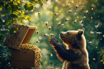 Aufkleber - Young bear curiously reaching towards a swarm of bees near a beehive in a lush forest during daylight hours. Generative AI