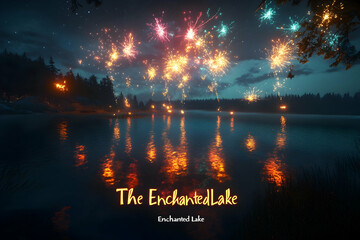 Wall Mural - a breathtaking display of fireworks illuminating the night sky over a tranquil lake, reflecting in i