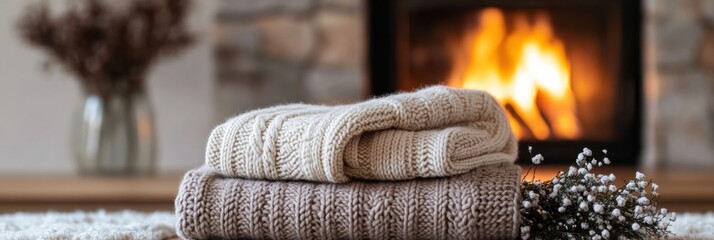 Poster - Cozy sweaters stacked neatly near a warm fireplace on a winter evening. Generative AI
