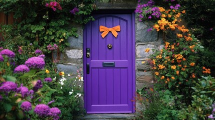 Wall Mural - A purple door, beautifully adorned with vibrant flowers and playful bows, standing in a tranquil garden.