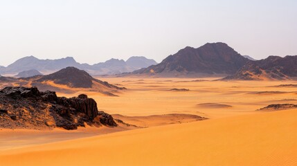 Wall Mural - Expansive desert landscape with rolling dunes and rugged mountains under clear sky during midday. Generative AI