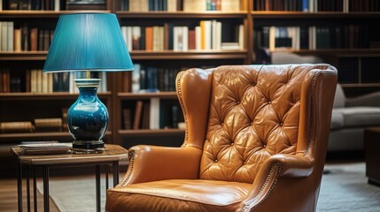 Sticker - A rich leather chair beside a calming blue lamp, offering a peaceful reading nook in a sophisticated library.