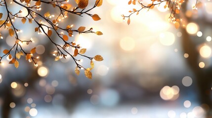 Wall Mural - Glowing golden autumn foliage with a soft blurred backdrop of warm festive bokeh lights  An elegant serene and cozy natural scene perfect for seasonal or decorative design purposes