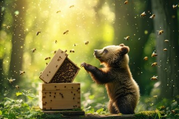 Poster - Curious bear exploring beehive in a sunlit forest during a warm afternoon. Generative AI