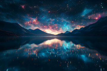Wall Mural - a breathtaking display of fireworks illuminating the night sky over a tranquil lake, reflecting in i