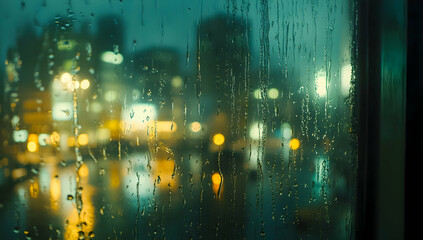 Wall Mural - a rainy window view with blurred city lights in the background, reflecting on raindrops creating an 