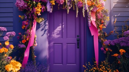 Wall Mural - A serene purple door decorated with bright flowers and ribbons, creating a welcoming and magical atmosphere.