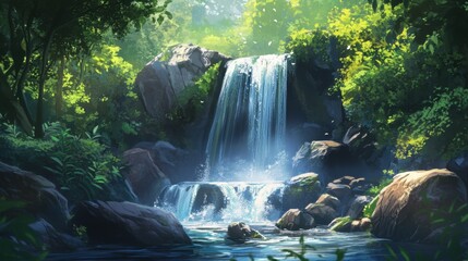 Canvas Print - A serene waterfall cascading over rocks, surrounded by dense green foliage, creating a perfect escape into nature.