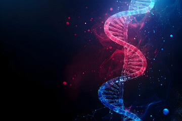 Wall Mural - Red and blue DNA double helix structure with a molecular background.