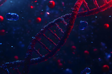 Wall Mural - Red and blue DNA double helix structure with a molecular background.