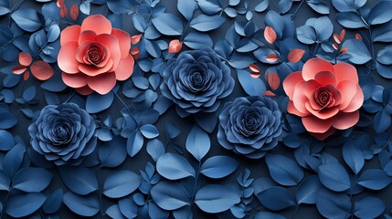 Wall Mural - Blue and coral paper roses, leaves background, floral design, greeting card