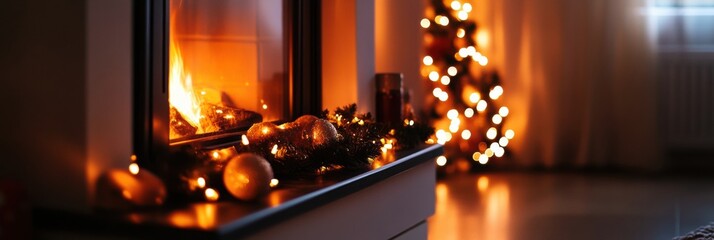 Aufkleber - Cozy living room with warm fireplace and glowing Christmas tree lights during festive season celebration. Generative AI