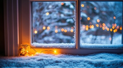 Poster - Snowy winter night with warm lights and a cozy atmosphere by the window. Generative AI