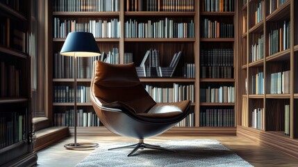 Sticker - A sleek leather chair by a soft blue lamp, nestled in a luxurious library with wooden bookshelves.