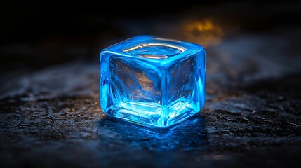 Canvas Print - Blue ice cube on dark surface, glowing, abstract background