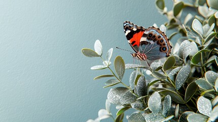 Wall Mural - Butterfly on eucalyptus, grey background, nature scene, spring design