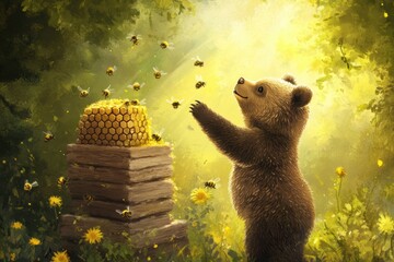 Aufkleber - Cute bear plays near a beehive in a sunny forest filled with flowers and buzzing bees during a warm afternoon. Generative AI