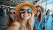 © coroze - Group of Friends Enjoying a Fun Selfie Moment at the Airport with Bright Smiles and Stylish Accessories