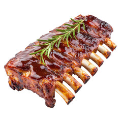 Wall Mural - Deliciously Glazed Barbecue Ribs with Fresh Herb Garnish on a White Background