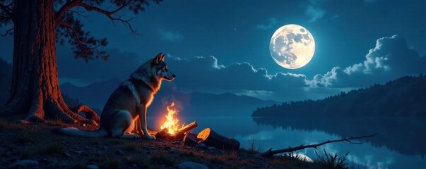 Wall Mural - Lone wolf sitting by a campfire under a full moon, campfire, wolves, solitude