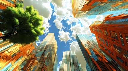 Wall Mural - Digital rendering of a cityscape with reality - warping architecture, featuring tall buildings and a green tree against a blue sky with white clouds. Warped Reality Paintings. Illustration