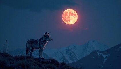 Wall Mural - Lone wolf standing under full moon with ears perked up, howling, wild, forest